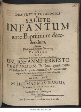 Disquisitio Theologica De Salute Infantum ante Baptismum decedentium