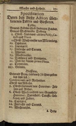 Specification Deren bey dieser Action überkomenen Todten und Blessirten