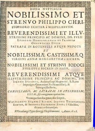 Dona Nuptialia Noblissimo Et Strenuo Philippo Christophoro Echter á Mespelbrunn
