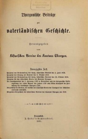 Thurgauische Beiträge zur vaterländischen Geschichte. 20. 1880
