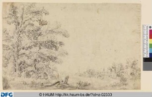 Landschaft mit Eichen und Stadt im Hintergrund