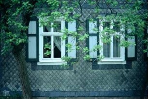 Detail einer Hauswand; Schiefermuster, Fenster und Fensterladen