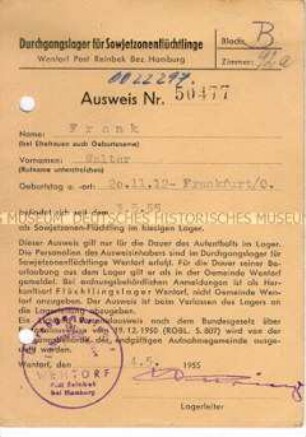 Ausweis für ein Durchgangslager für DDR-Flüchtlinge