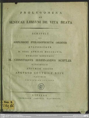 Prolegomena Ad Senecae Librum De Vita Beata
