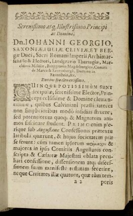 Serenissimo atg[ue] Illustrissimo Principi ac Domino, Dn. Johanni Georgio, Saxoniæ, Iuliæ Cliviæ, Et Bergæ Duci [...]