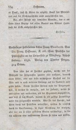 684-702 [Rezension] Hoffmann, Franz, Vorhalle zur speculativen Lehre Franz Baader's