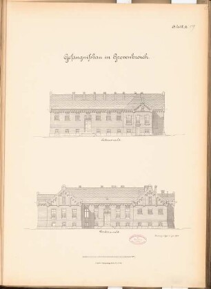 Gefängnis, Grevenbroich: Seitenansicht und Vorderansicht
