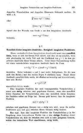 § 2. Unendlich kleine imaginäre Ausdrücke; Stetigkeit imaginärer Funktionen.