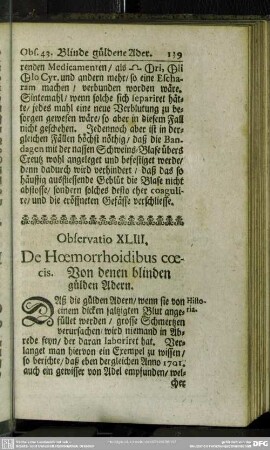 Observatio XLIII. De Hoemorrhoidibus coecis. Von denen blinden gülden Adern