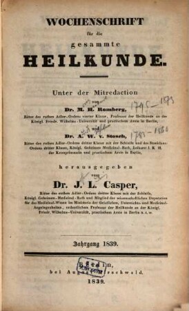 Wochenschrift für die gesammte Heilkunde. 1839, 1839