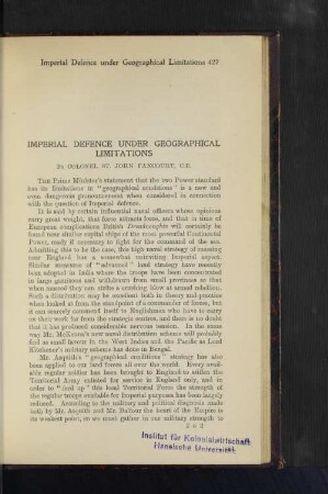 Imperial Defence under Geographical Limitations