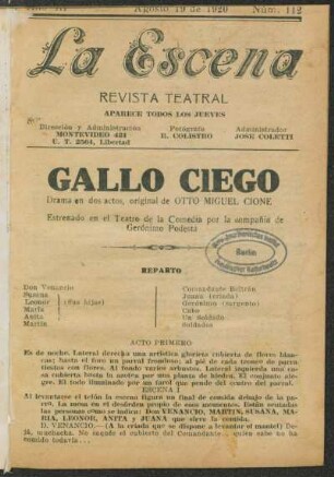 Gallo ciego : drama en dos actos, original