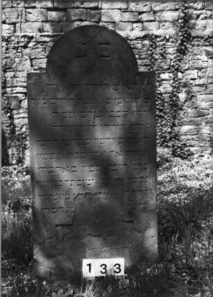 Grabstein 133 (Index: 99629634) Material: Sandstein Zustand: abgeblättert unten/Textverlust Maße HxBxT: 130x67x10 cm Beschreibung: Stele mit eingezogenem Rundbogenabschluß: Grabstein 133