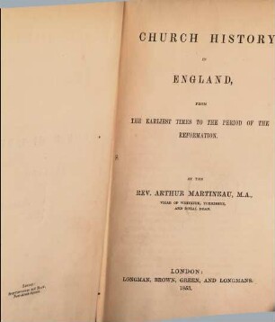 Church History in England, from the earliest times to the period of the reformation