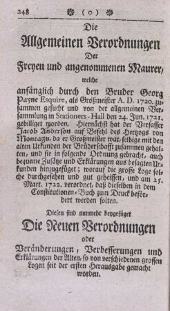 Die Allgemeinen Verordnungen Der Freyen und angenommenen Maurer, welche ... in Stationers-Hall den 24. Jun. 1721. gebilliget worden.
