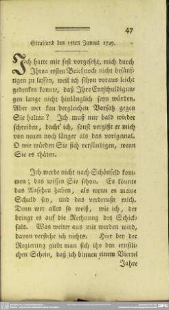 Stralsund den 15ten Junius 1749