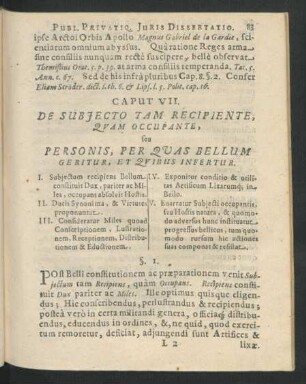 Caput VII. De Subiecto Tam Recipiente, Quam Occupante, Seu Personis, Per Quas Bellum Geritur, Et Quibus Infertur.
