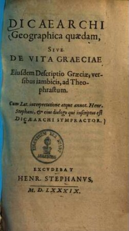 Dicaearchi geographica quaedam, sive de vita Graeciae