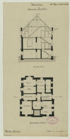Ländliches Wohnhaus, Berlin-Lichterfelde Monatskonkurrenz April 1881: Grundriss Keller, Querschnitt; Maßstabsleiste