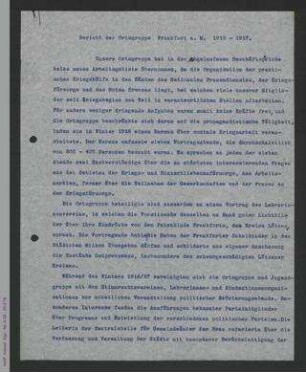 Berichte der Ortsgruppe und der Jugendgruppe Frankfurt 1915-1917