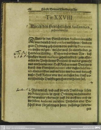 Tit. XXVIII. Wie in den Gerichtlichen Audientzien zu handeln sey