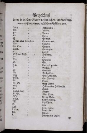 Verzeichnis derer in diesem Werke befindlichen Abbreviaturen und Charakteren, nebst ihrer Erklärungen.