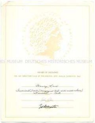 Urkunde des Art Directors Club of Philadelphia - Nachlass