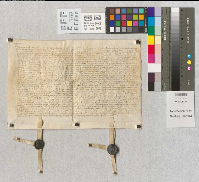 Vor Rynard Berk van Bauerhem, Statthalter und Lehnherr für Junker Albans von Curtenbach wegen seines Hofes Curtenbach bei Brunnsdal bekennt Junker Johann Buytz von Bencenraide u. s. Fr. Albertine von Curtenbach, daß er an den Prediger-Orden in Aachen gegeben hat "sund erff var eren ind frandhalft erffvar roggen der maisten von Herte op ondegend gelegen op der Bergh ole srent tymelft boynorbuttel (?) um off mge regnend am erffe Johan Hunen von Corpplmont gelegen". - 1482. Sint Simon und Juden dach der heyliger apostolen.