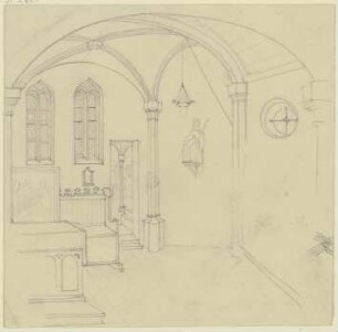 Kapelle, links Altar und Betstuhl, rechts unter einer Lampe ein Heiligenbild