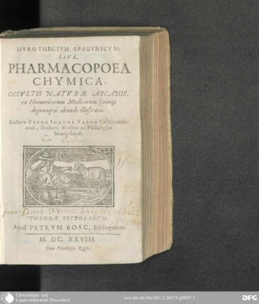 Myrothecium spagyricum; sive, Pharmacopoea chymica, occultis Naturae Arcanis : ex Hermeticorum Medicorum Scrinijs depromptis abunde illustrata