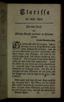 Der erste Brief von Fräulein Clarissa Harlowe an Fräulein Howe. - Der fünfte Brief von Fräulein Clarissa Harlowe an Fräulein Howe.