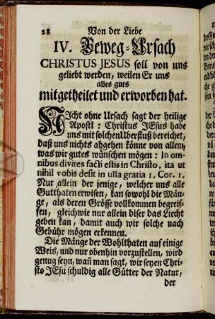 IV. Beweg-Ursach Christus Jesus soll von uns geliebt werden, weilen Er uns alles guts mitgetheilet und erworben hat