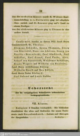 Uebersicht der im vergangenen Schuljahre behandelten Lehrgegenstände