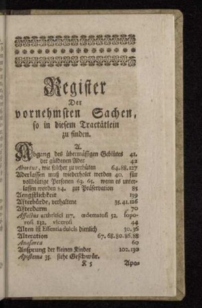 Register Der vornehmsten Sachen, so in diesem Tractätlein zu finden.