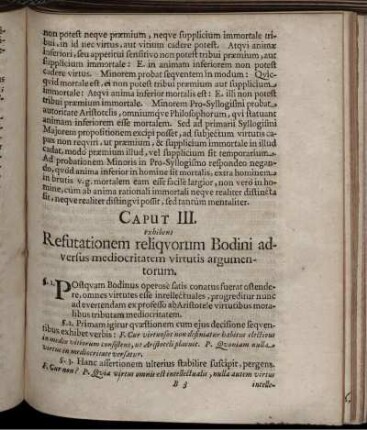 Caput III. exhibens Refutationem reliquorum Bodini adversus mediocritatem virtutis argumentorum