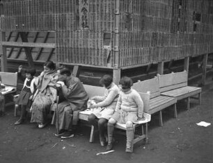 Sitzbänke am Weg zur Pagode des Ikegami Honmon-ji : Tokyo-Omori (heute Tokyo-Ōta). Ikegami Honmon-ji. Erwachsenen im Kimono und drei Mädchen in europäischer Kleidung (wahrscheinlich eine Familie) auf den Sitzbänken am Weg zur fünfstöckigen Pagode des Tempels