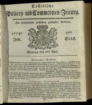 17tes Stueck, Montag den 26ten April 1773