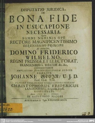 Disputatio Iuridica, De Bona Fide In Usucapione Necessaria