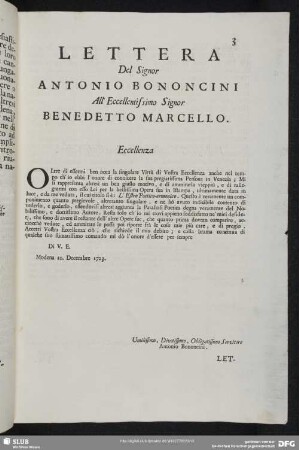 Lettera Antonio Bononcini - Benedetto Marcello