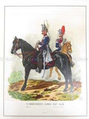Uniformdarstellung, Offizier und Stabstrompeter des 2. Hannoverschen Ulanen-Regiments No. 14 zu Pferd, Preußen, 1866. Tafel 97 aus: Schindler: Suplement zum Militair-Album.