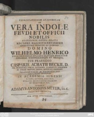 Exercitationem Academicam De Vera Indole Fevdi Et Officii Nobilis