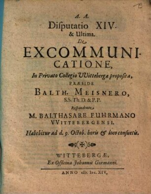 Disputatio XIV. & Ultima. De Excommunicatione