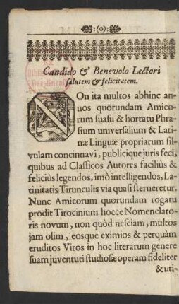 Candido [et] Benevolo Lectori salutem [et] felicitatem.