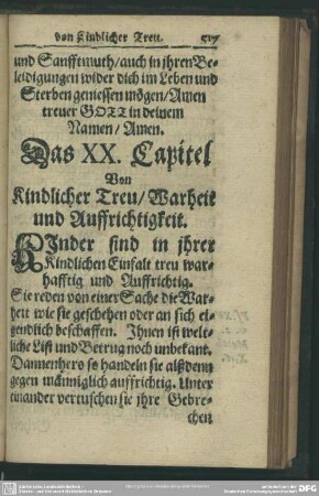 Das XX. Capitel Von Kindlicher Treu, Warheit und Auffrichtigkeit
