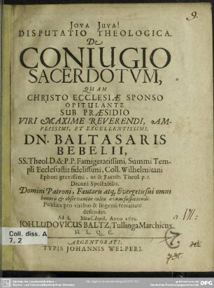Disputatio theologica de coniugio sacerdotum