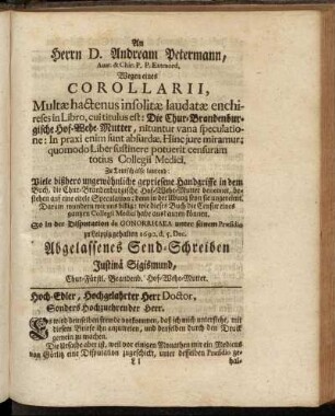 [Justinä Sigismund abgelassenes Send-Schreiben an Herrn D. Andream Petermann.]