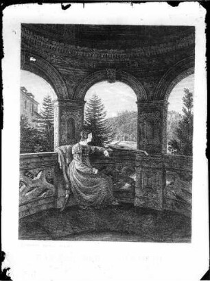 Baden-Baden Neues Schloss Rundpavillon (Dagobertsturm) Stich von C. Frommel (Mitte des 19. Jahrhunderts)