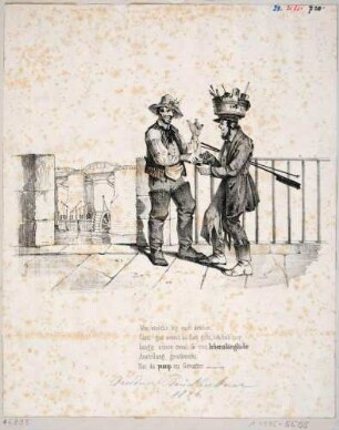 Spotthafte Unterhaltung zweier Männer über die ewig andauernden Pumarbeiten während des Baus der Marienbrücke 1846, im Hintergrund Baustelle der Brücke