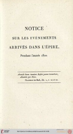 Notice sur les evènements arrivés dans l'Épire, pendant l'année 1820 (Guerre contre Ali Pacha)