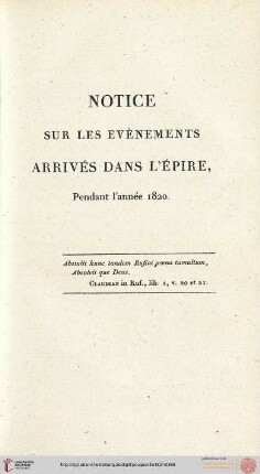 Notice sur les evènements arrivés dans l'Épire, pendant l'année 1820 (Guerre contre Ali Pacha)